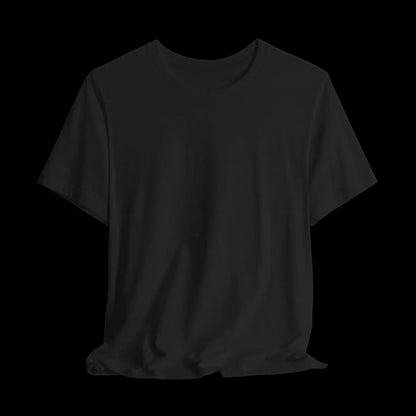 A plain black t-shirt against a black background.