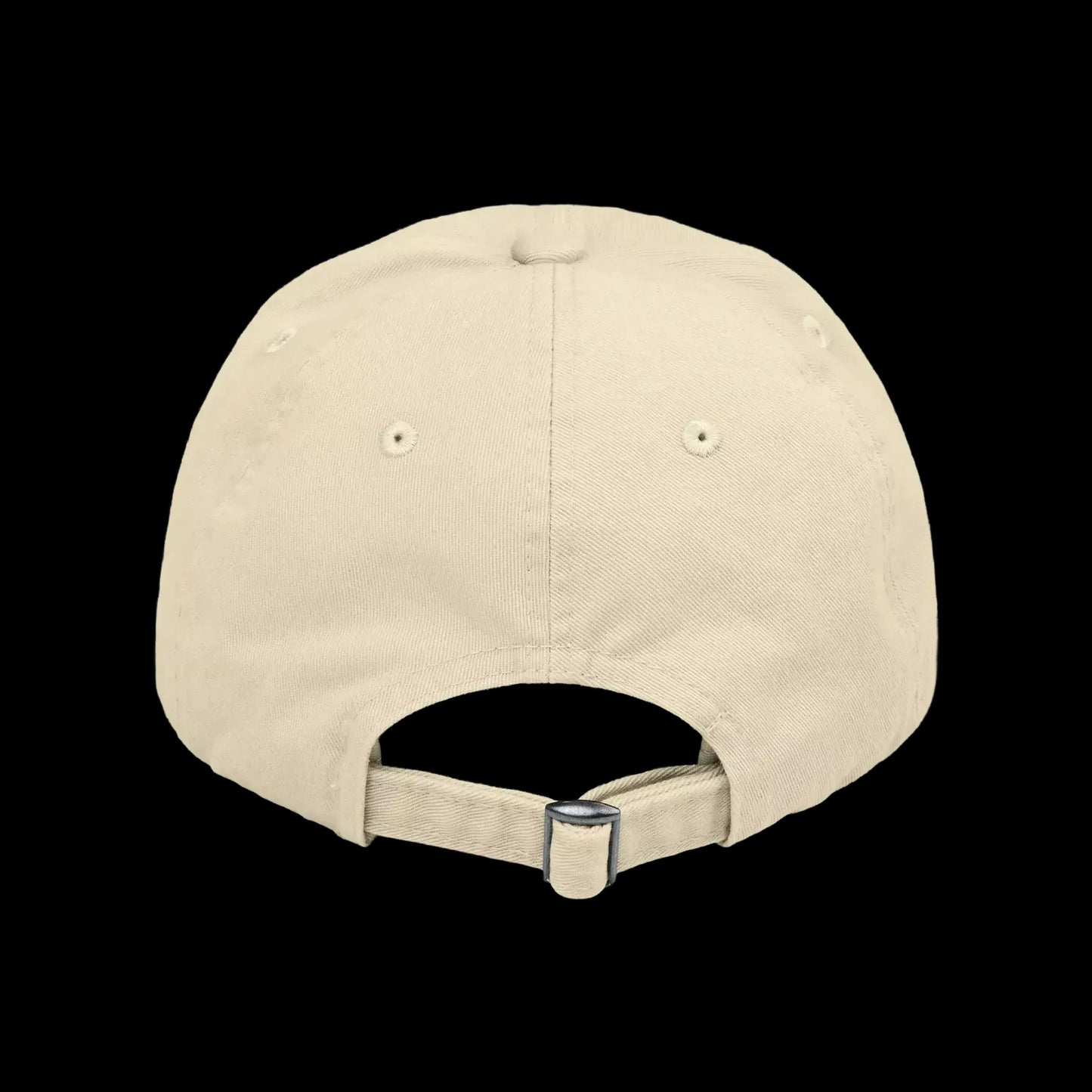 A beige baseball cap with a metal buckle and strap is shown against a black background.