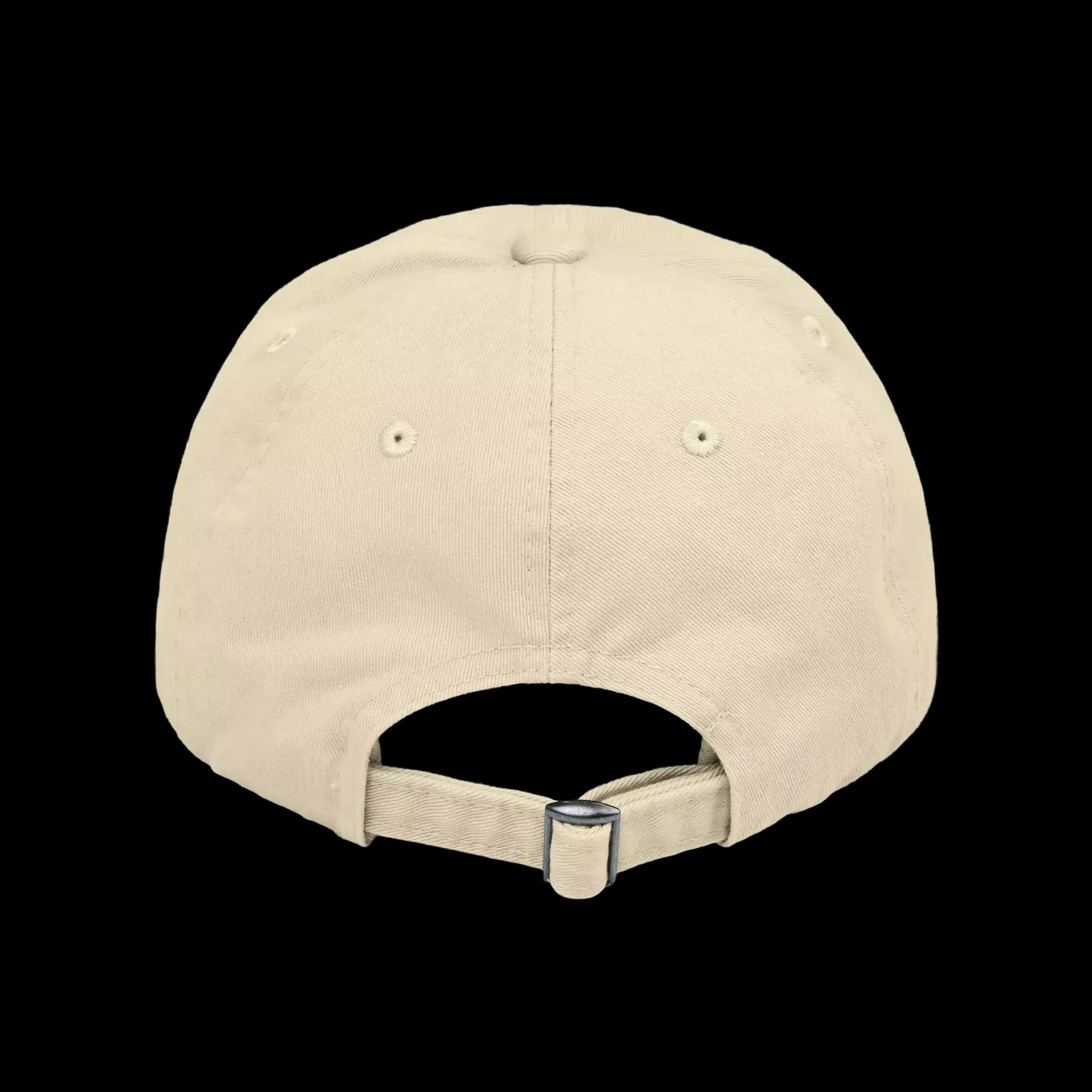 A beige baseball cap with a metal buckle and strap is shown against a black background.