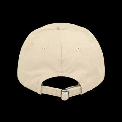 A beige baseball cap with a metal buckle and strap is shown against a black background.