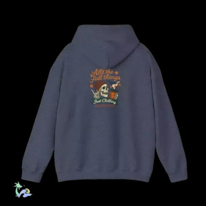 A gray hooded sweatshirt with a graphic design on the back.