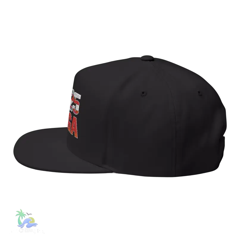 a black hat with red and white letters on it