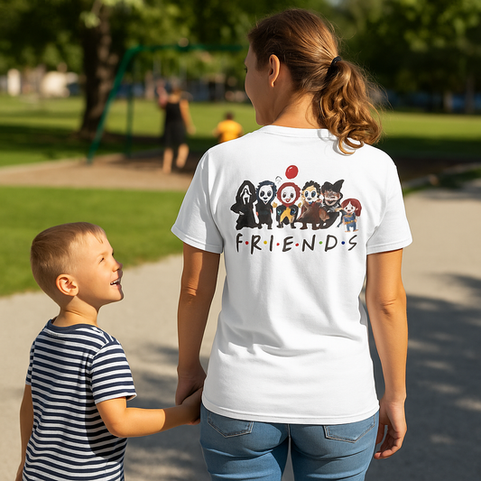 Creepy Friends Chibi Horror Tee – Funny Halloween Cartoon Villains T-Shirt, Unisex, Made in the USA