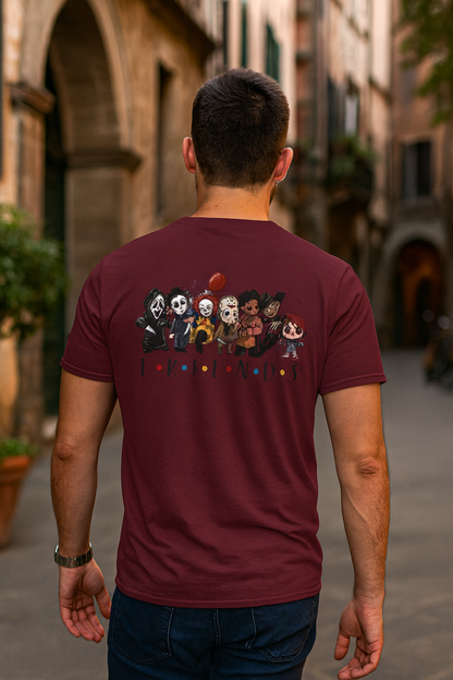 Creepy Friends Chibi Horror Tee – Funny Halloween Cartoon Villains T-Shirt, Unisex, Made in the USA