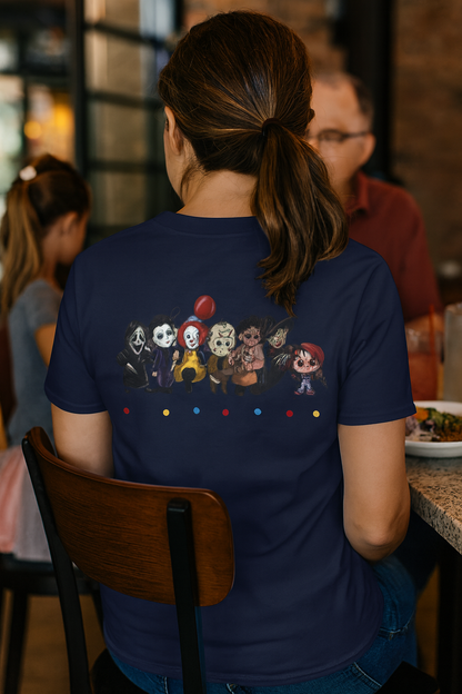 Creepy Friends Chibi Horror Tee – Funny Halloween Cartoon Villains T-Shirt, Unisex, Made in the USA