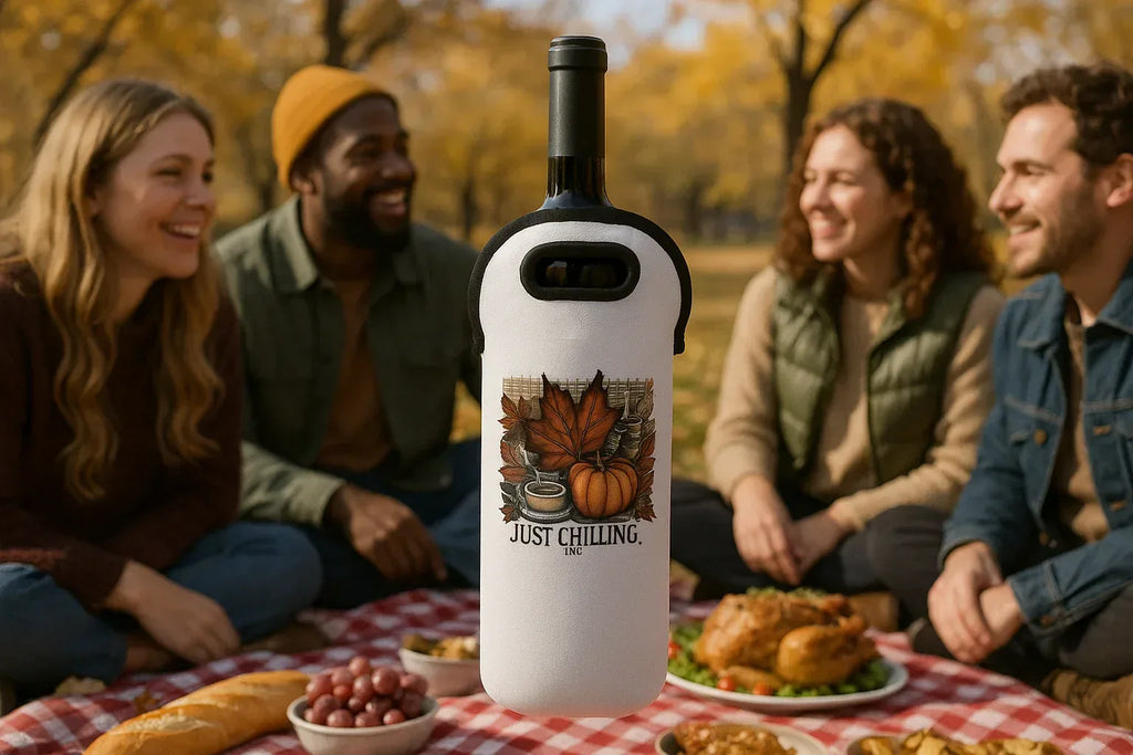 Wine Tote Bag - Fall Themed Custom Neoprene Wine Bottle Carrier With Soft Grip Handle - Just Chilling Inc.