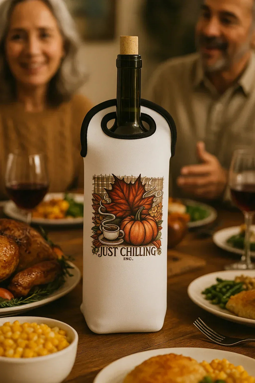 Wine Tote Bag - Fall Themed Custom Neoprene Wine Bottle Carrier With Soft Grip Handle - Just Chilling Inc.