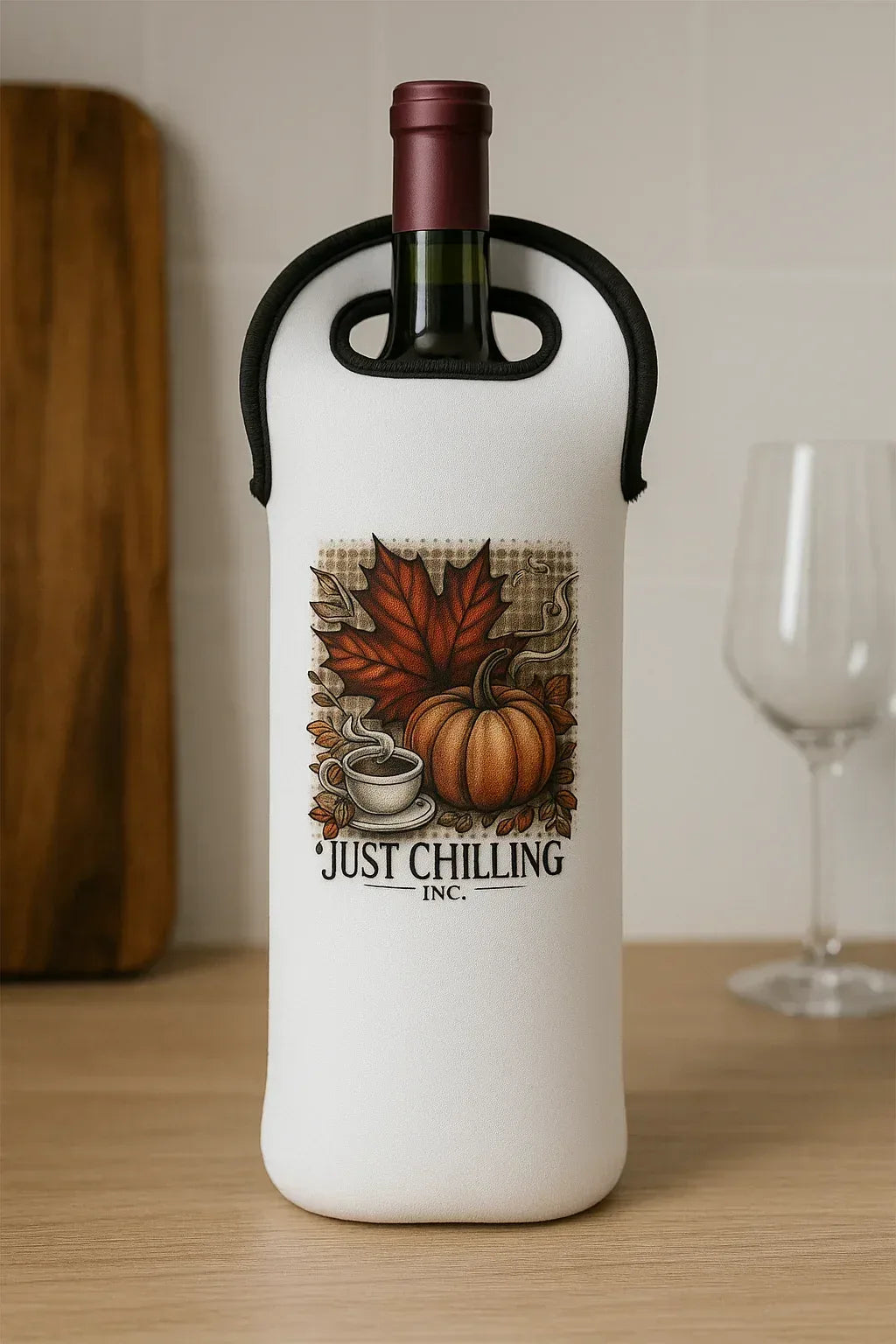 Wine Tote Bag - Fall Themed Custom Neoprene Wine Bottle Carrier With Soft Grip Handle - Just Chilling Inc.