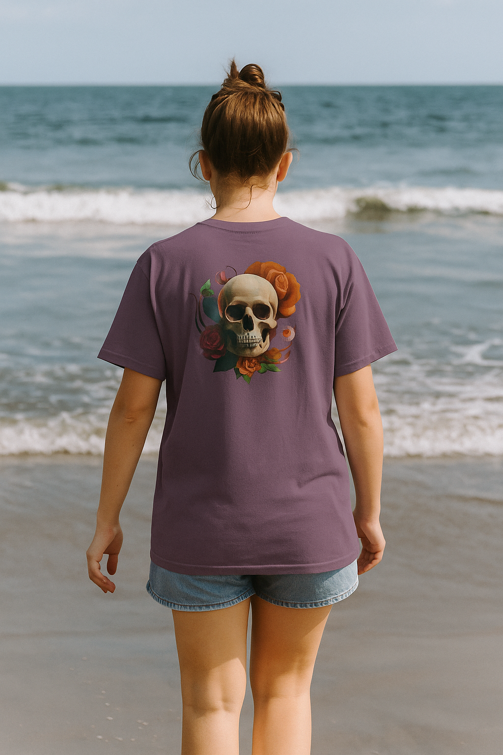 Women's V-Neck Tee – Slim Fit Skull Graphic Cotton T-Shirt | Breathable Casual Top