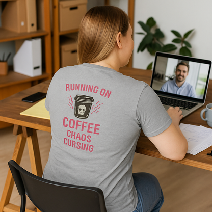 Unisex Heavy Cotton Tee running on coffee chaos and curses