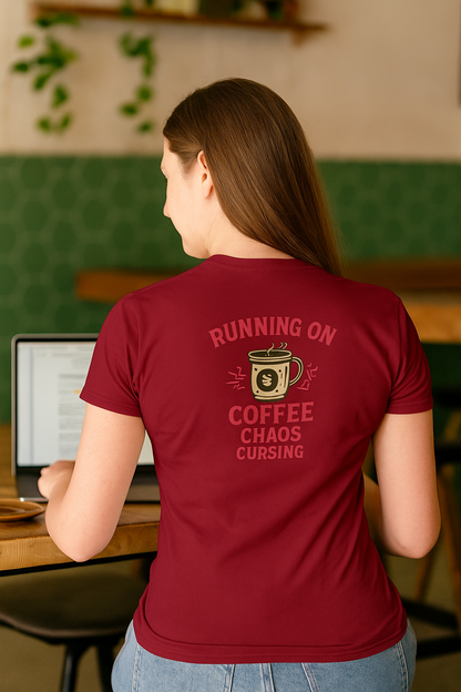 Unisex Heavy Cotton Tee running on coffee chaos and curses