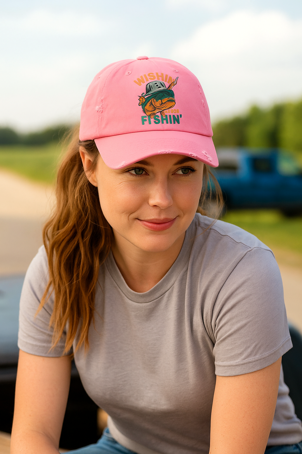 Distressed Cotton Twill Cap – Adjustable Fishing Hat with D-Ring Strap