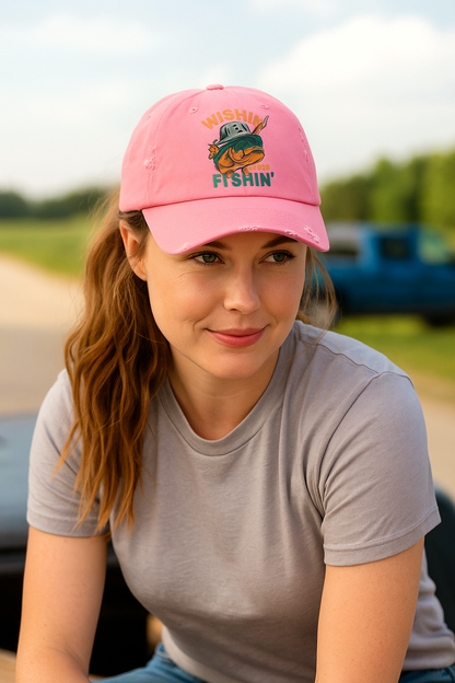 Distressed Cotton Twill Cap – Adjustable Fishing Hat with D-Ring Strap