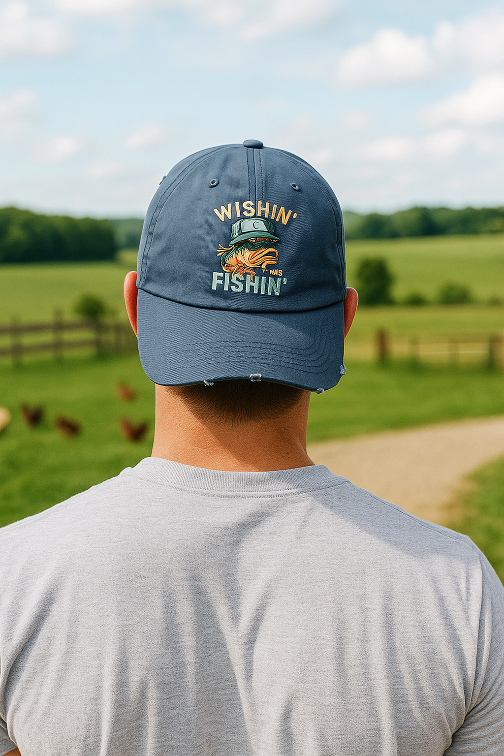 Distressed Cotton Twill Cap – Adjustable Fishing Hat with D-Ring Strap