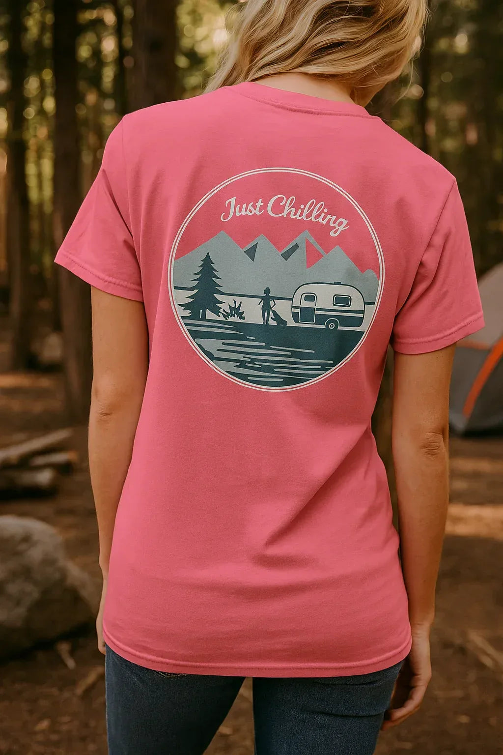 Girl Dog Camper Shirt - Unisex Cotton Tee | Comfortable Classic Fit Crew Neck - Just Chilling Inc.