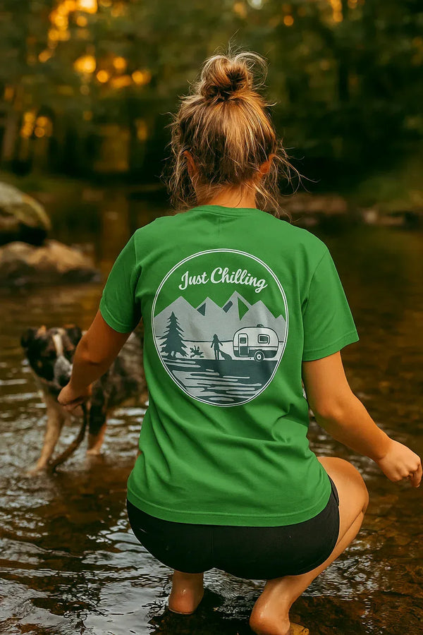 Girl Dog Camper Shirt - Unisex Cotton Tee | Comfortable Classic Fit Crew Neck - Just Chilling Inc.