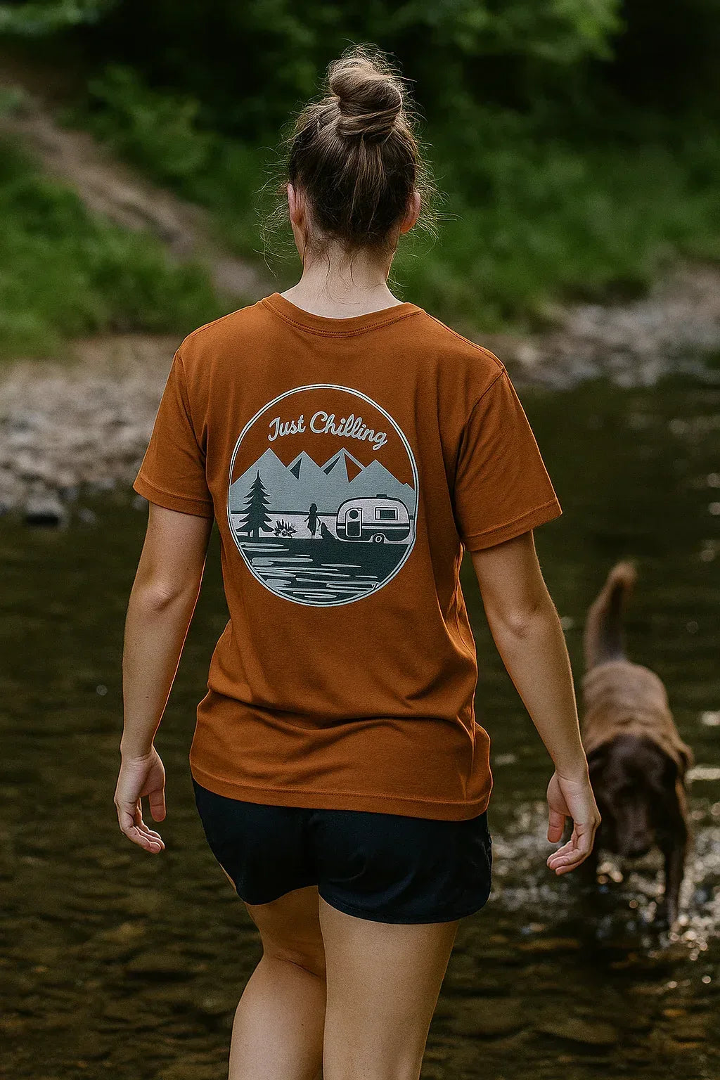 Girl Dog Camper Shirt - Unisex Cotton Tee | Comfortable Classic Fit Crew Neck - Just Chilling Inc.