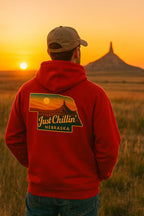 Nebraska Hoodie – Retro Sunset State Pride Sweatshirt | Cozy Cotton Blend Pullover - Just Chilling Inc.