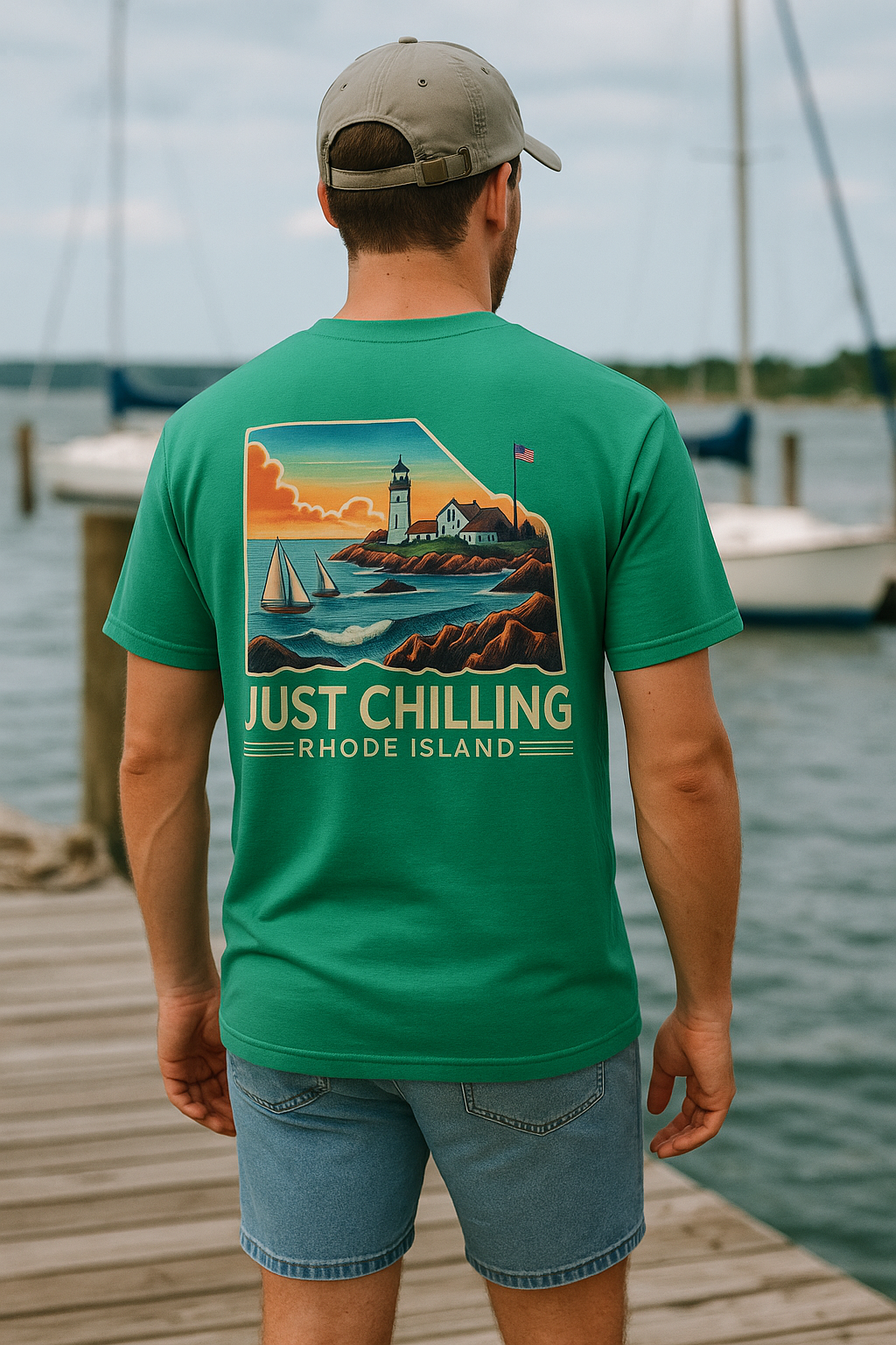 Just Chilling Rhode Island Tee – Unisex Coastal Back Print Beach Shirt
