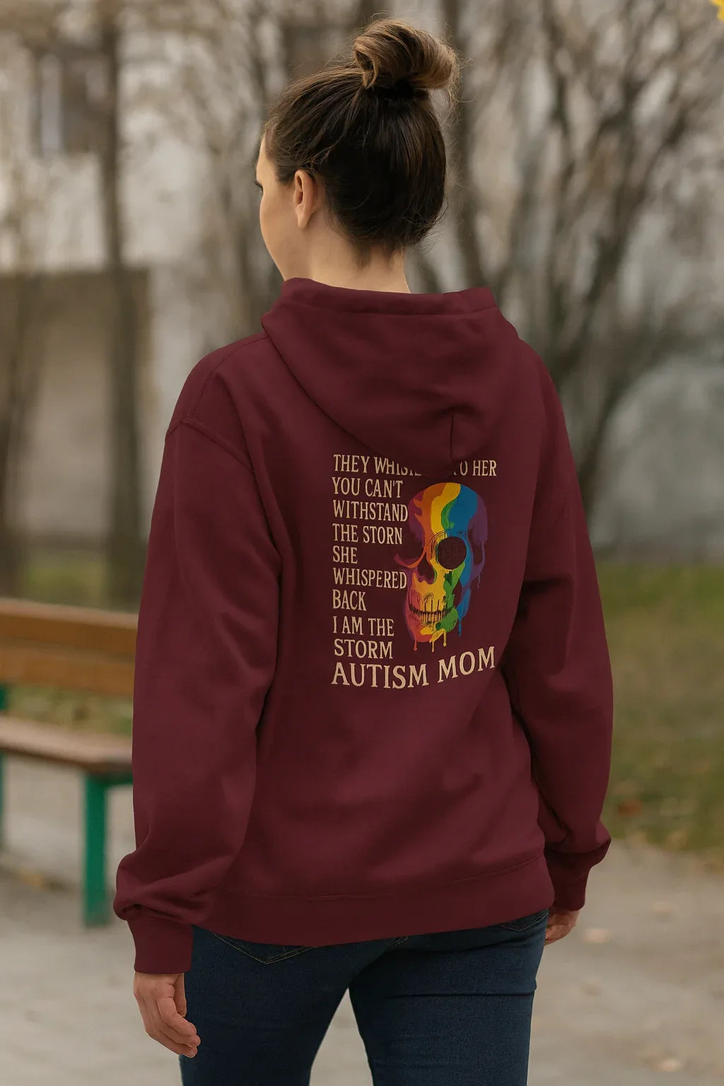 I Am the Storm Autism Mom Hoodie – Rainbow Drip Skull Neurodiversity Design - Just Chilling Inc.