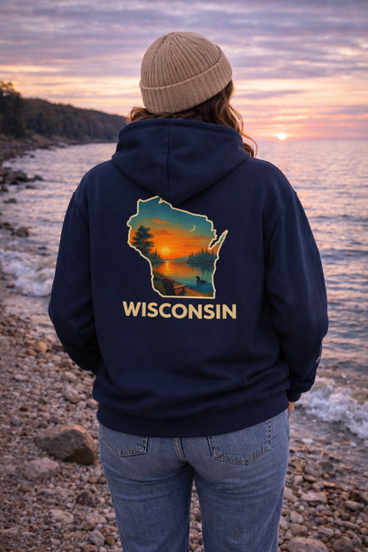 Wisconsin Scenic  Unisex Hoodie — State Silhouette Sunset Sweatshirt