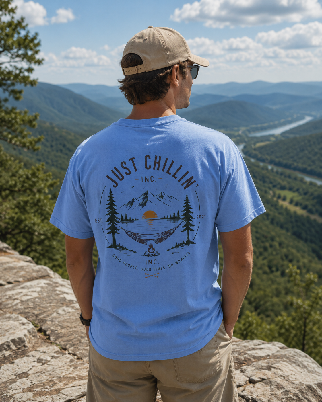 Just Chillin' Inc. Campfire Gathering T-Shirt | Outdoor Tee