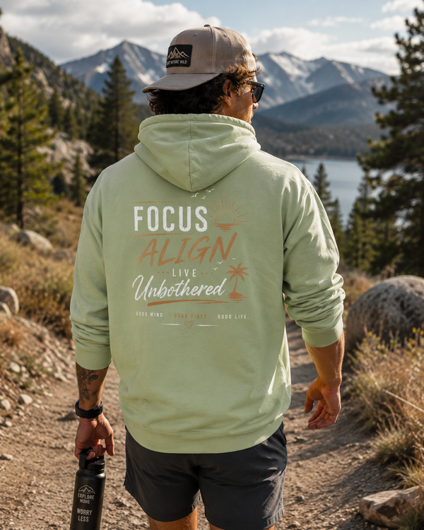 Focus Align Live Unbothered Hoodie — Motivational Palm Tree Graphic Hoodie