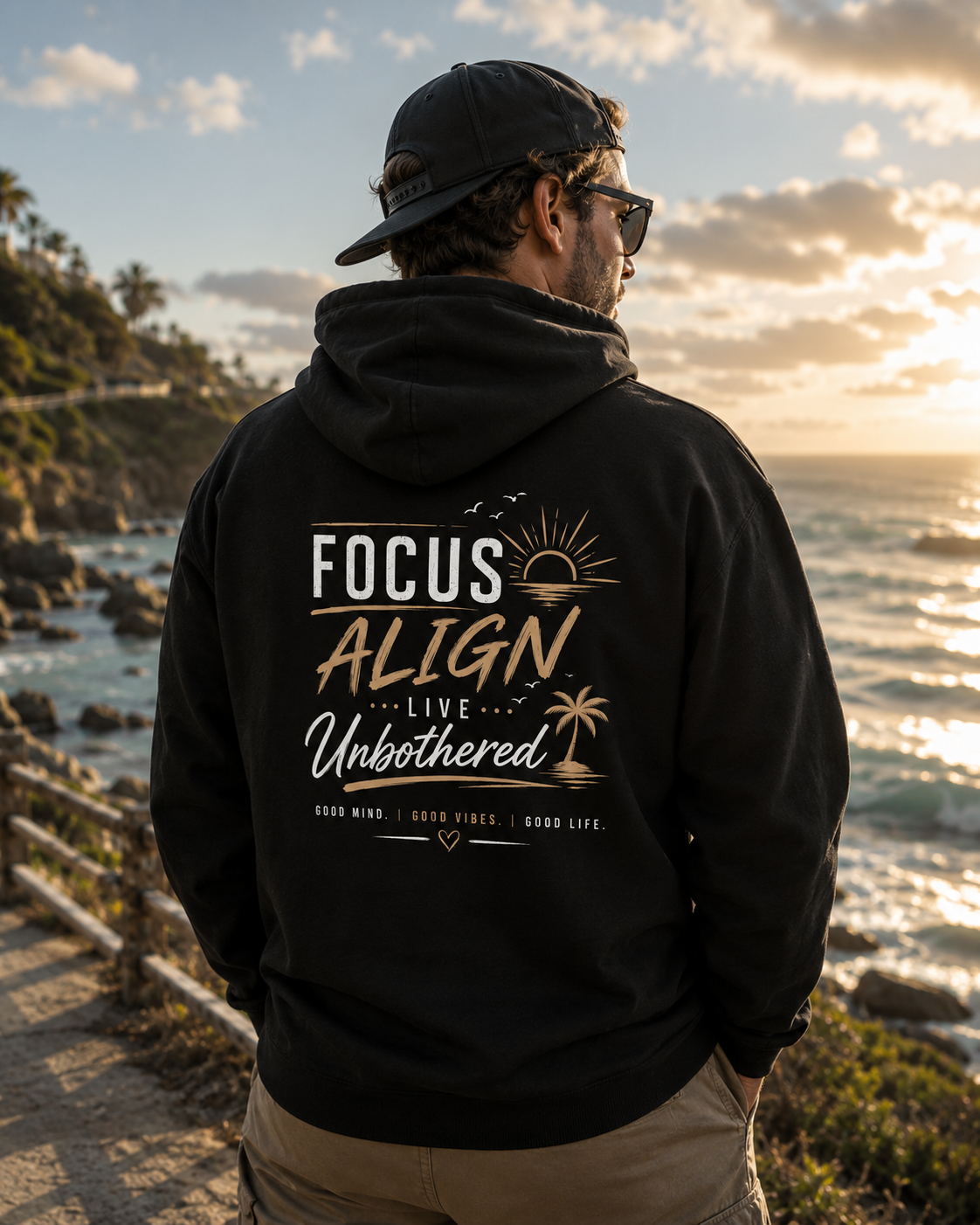 Focus Align Live Unbothered Hoodie — Motivational Palm Tree Graphic Hoodie