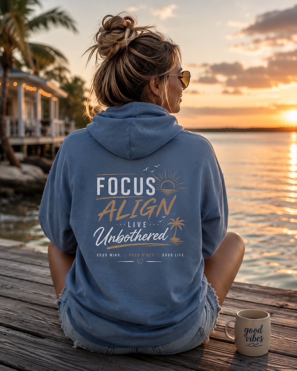 Focus Align Live Unbothered Hoodie — Motivational Palm Tree Graphic Hoodie