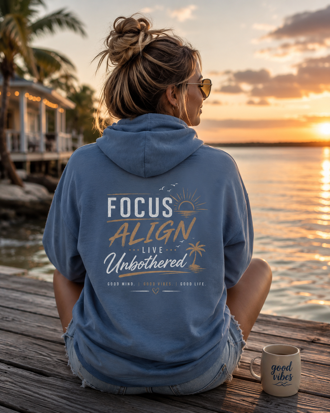 Focus Align Live Unbothered Hoodie — Motivational Palm Tree Graphic Hoodie