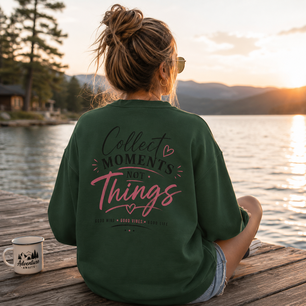 Collect Moments Not Things Crewneck Sweatshirt — Inspirational Graphic Sweatshirt