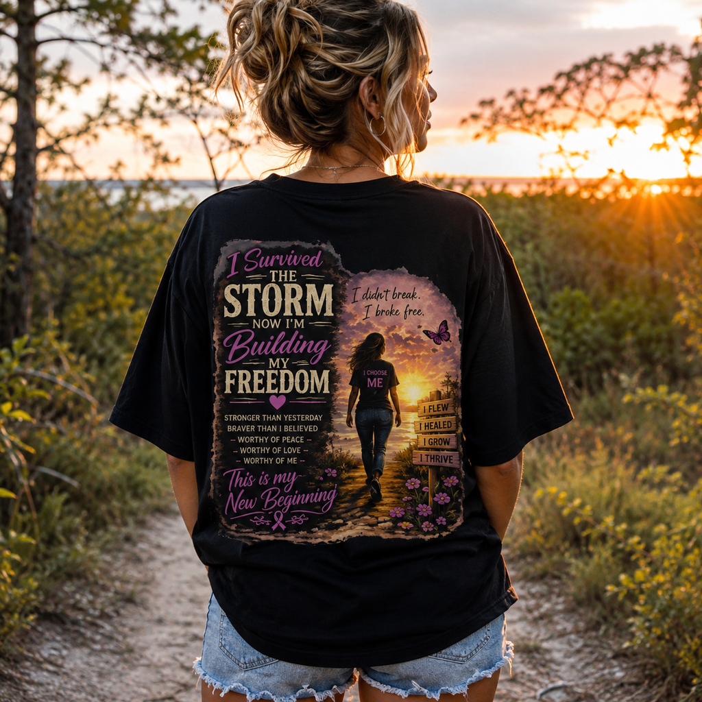 Inspirational Freedom Tee — "I Survived the Storm Now I'm Building Freedom"