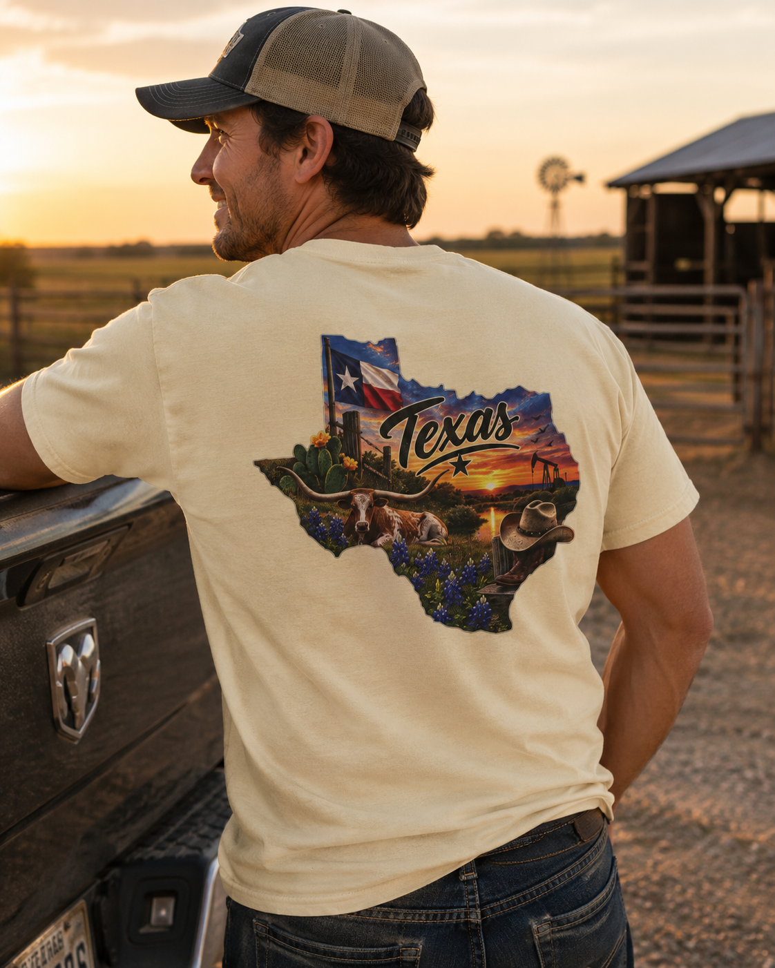 Texas State Map T-Shirt — Scenic Sunset & Flag Graphic