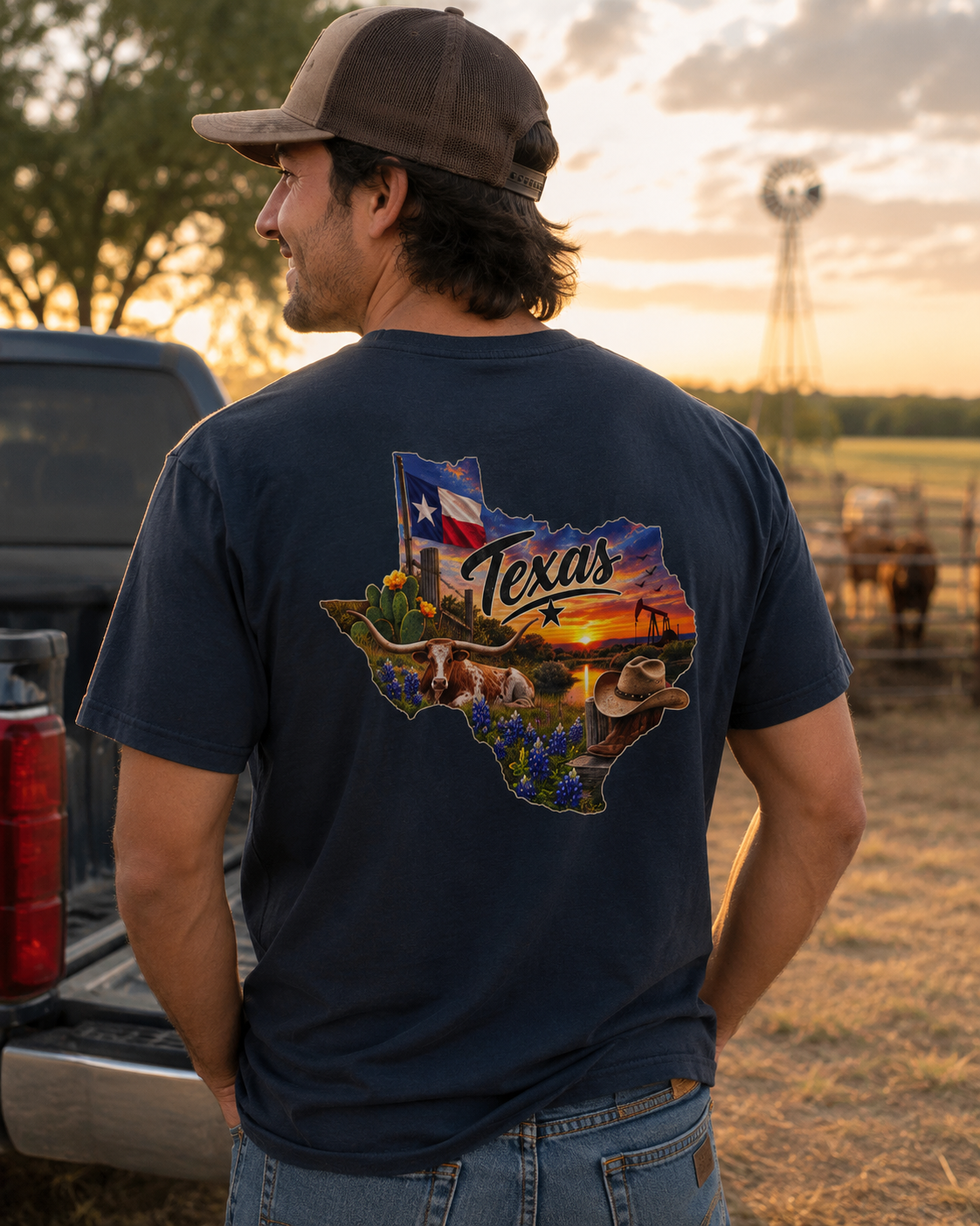 Texas State Map T-Shirt — Scenic Sunset & Flag Graphic
