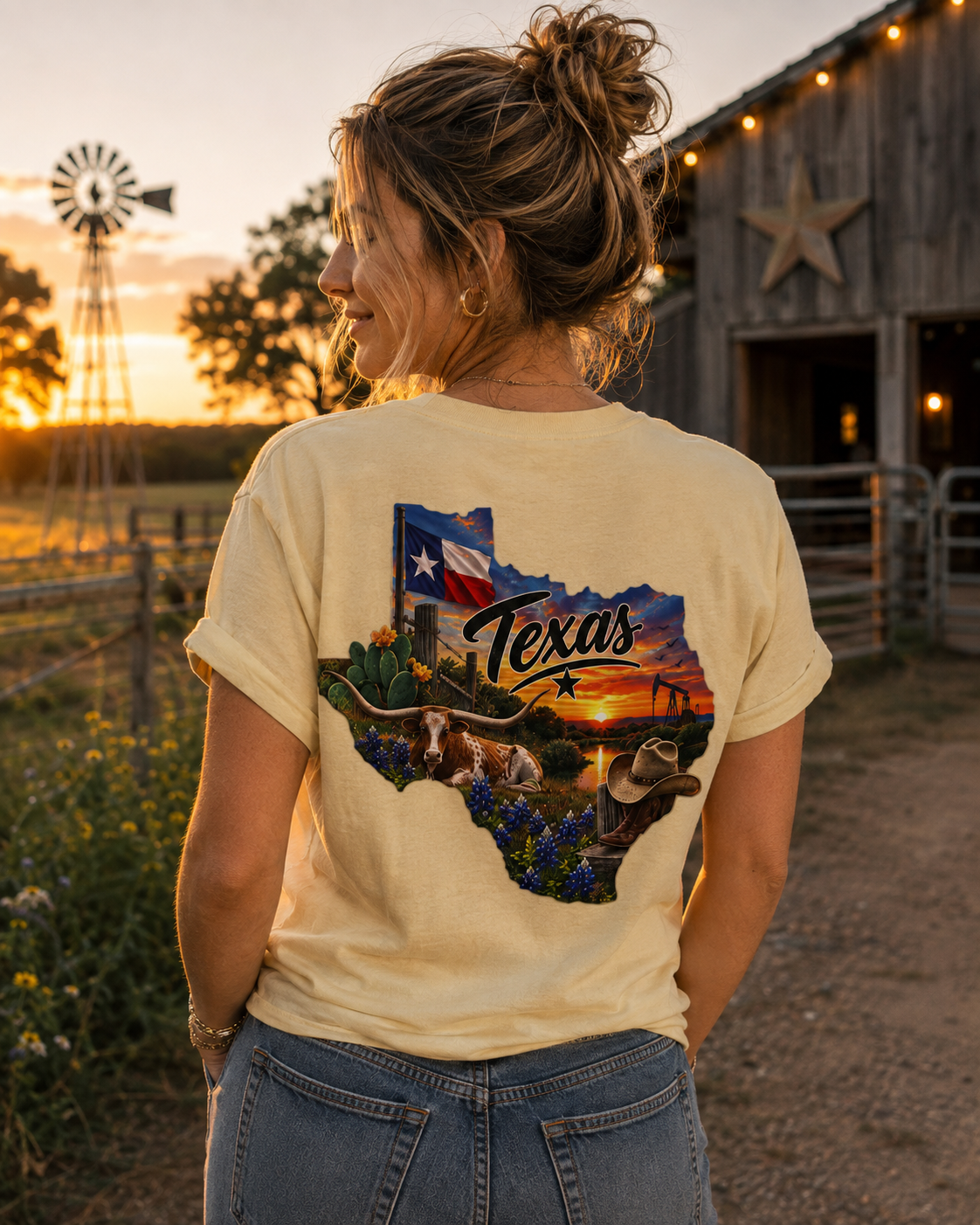 Texas State Map T-Shirt — Scenic Sunset & Flag Graphic