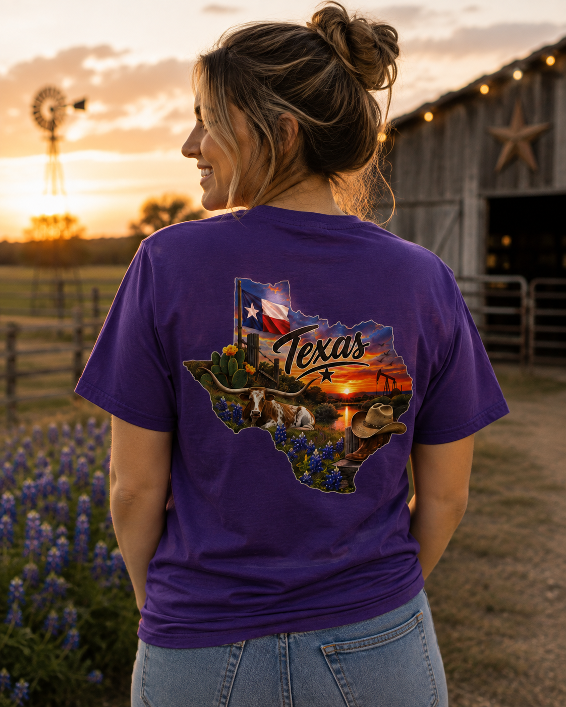 Texas State Map T-Shirt — Scenic Sunset & Flag Graphic