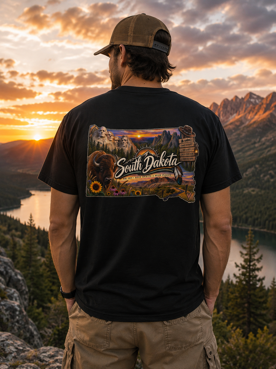 South Dakota State Map T-Shirt — Scenic Sunset & Sunflower Travel Tee