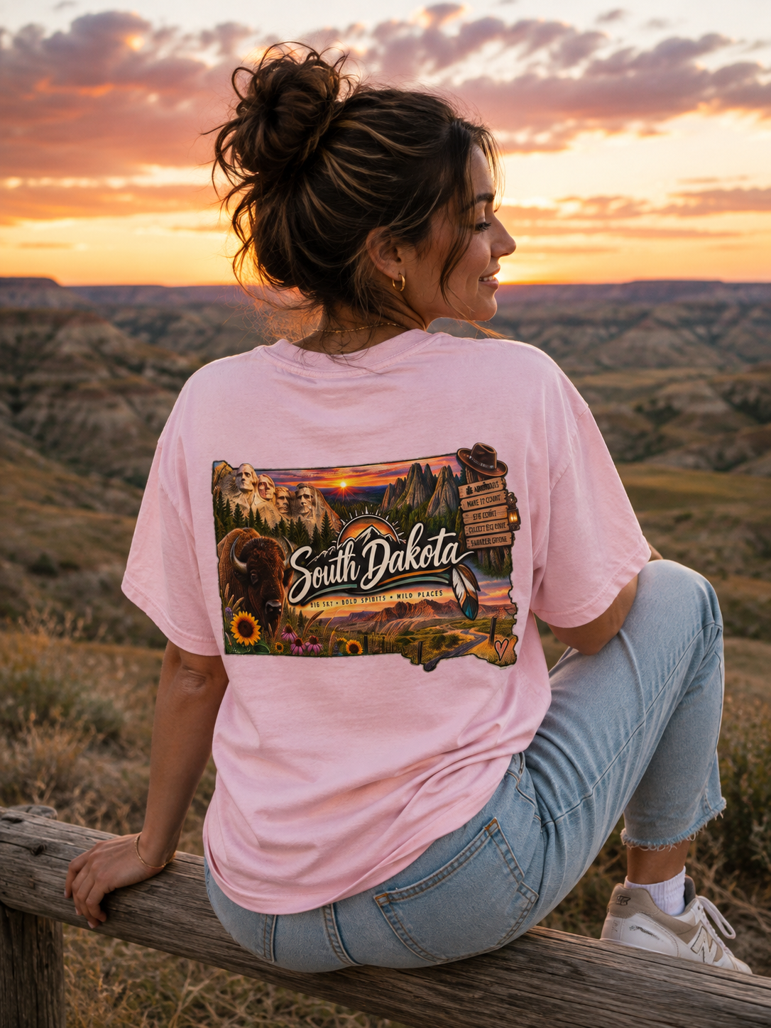 South Dakota State Map T-Shirt — Scenic Sunset & Sunflower Travel Tee