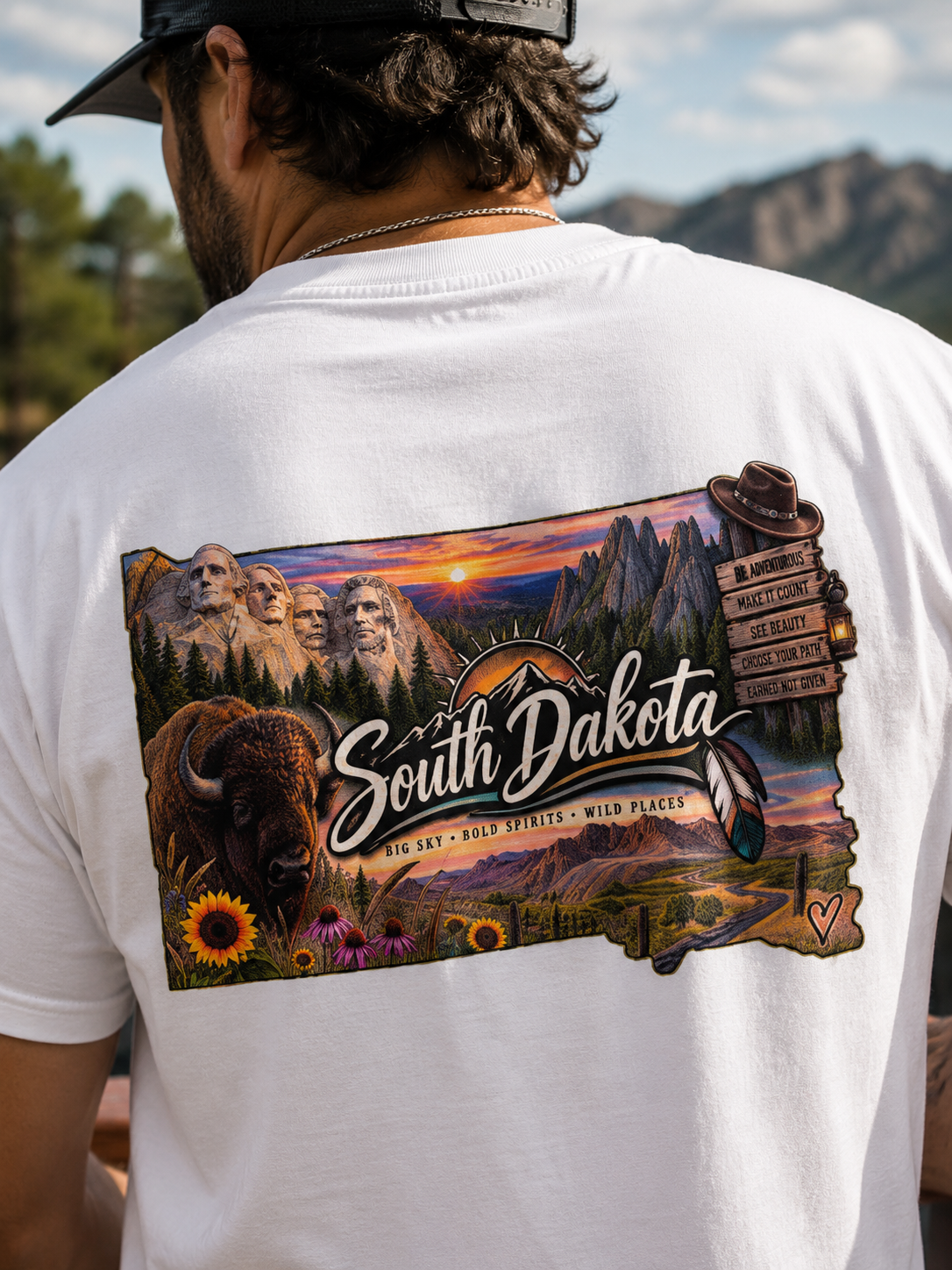 South Dakota State Map T-Shirt — Scenic Sunset & Sunflower Travel Tee