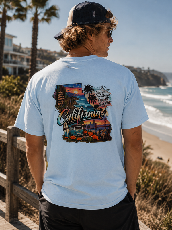California Retro Coastal Tee — Vintage Sunset Palm Beach Graphic T-Shirt