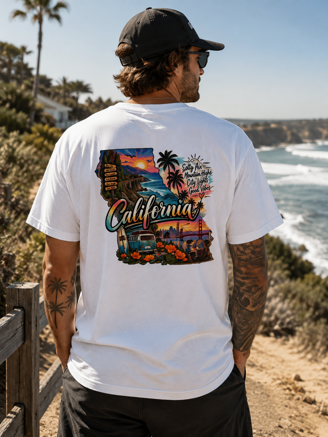 California Retro Coastal Tee — Vintage Sunset Palm Beach Graphic T-Shirt