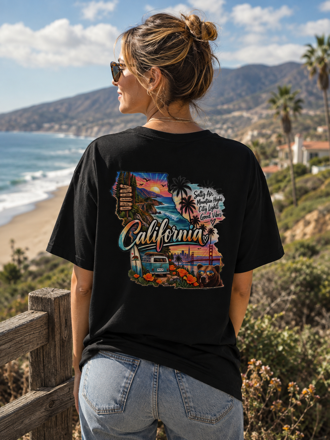 California Retro Coastal Tee — Vintage Sunset Palm Beach Graphic T-Shirt