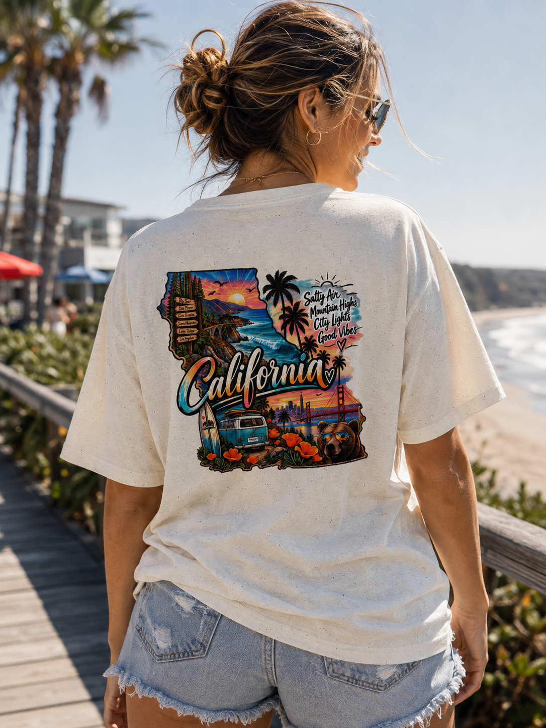 California Retro Coastal Tee — Vintage Sunset Palm Beach Graphic T-Shirt