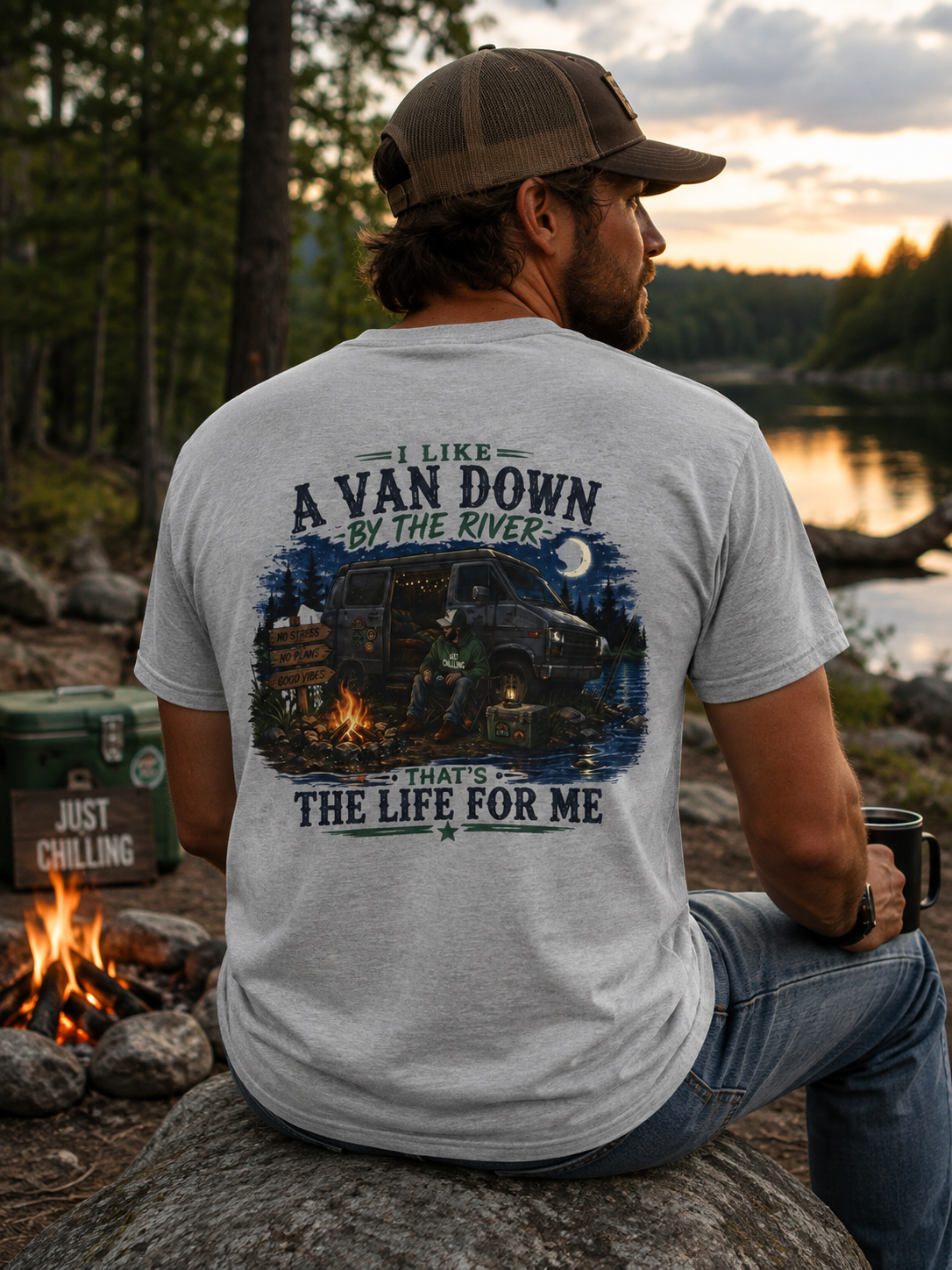T-Shirt — “I Like a Van Down by the River” Vintage Campfire Van Life Tee