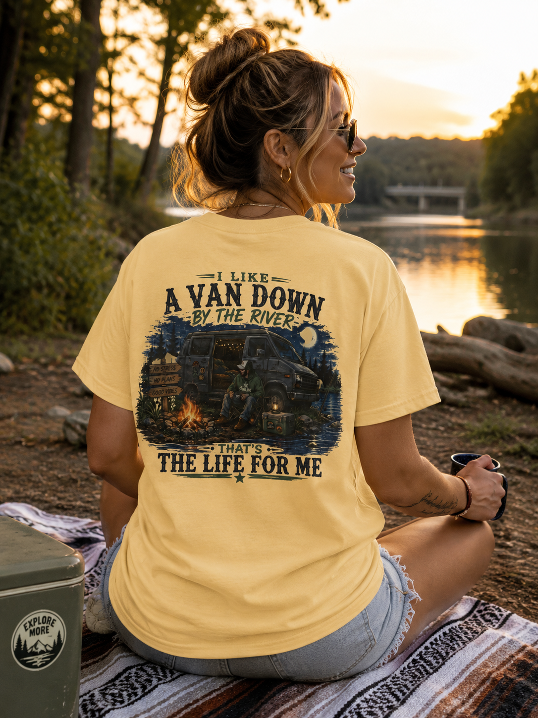 T-Shirt — “I Like a Van Down by the River” Vintage Campfire Van Life Tee