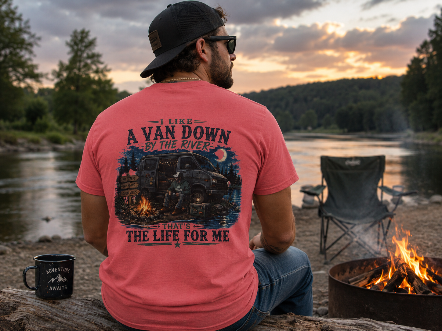 T-Shirt — “I Like a Van Down by the River” Vintage Campfire Van Life Tee