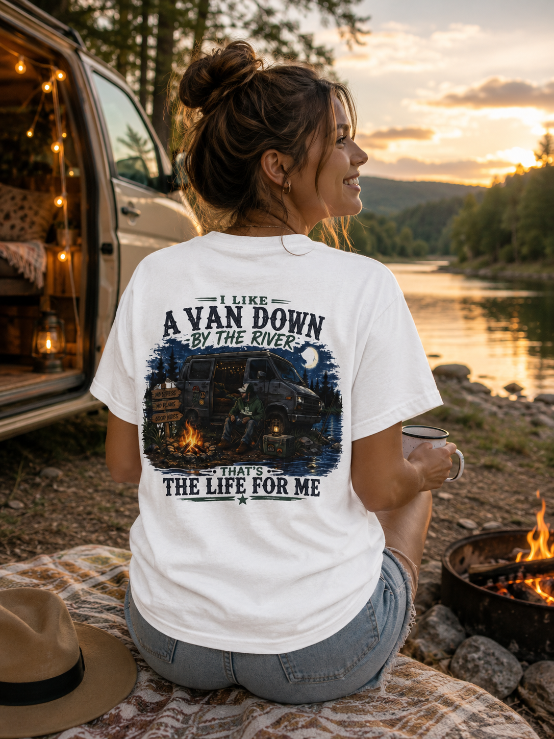 T-Shirt — “I Like a Van Down by the River” Vintage Campfire Van Life Tee