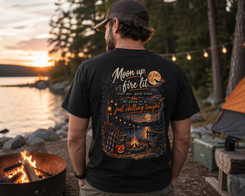 Campfire Night Tee — "Moon up, fire lit" Graphic T-Shirt