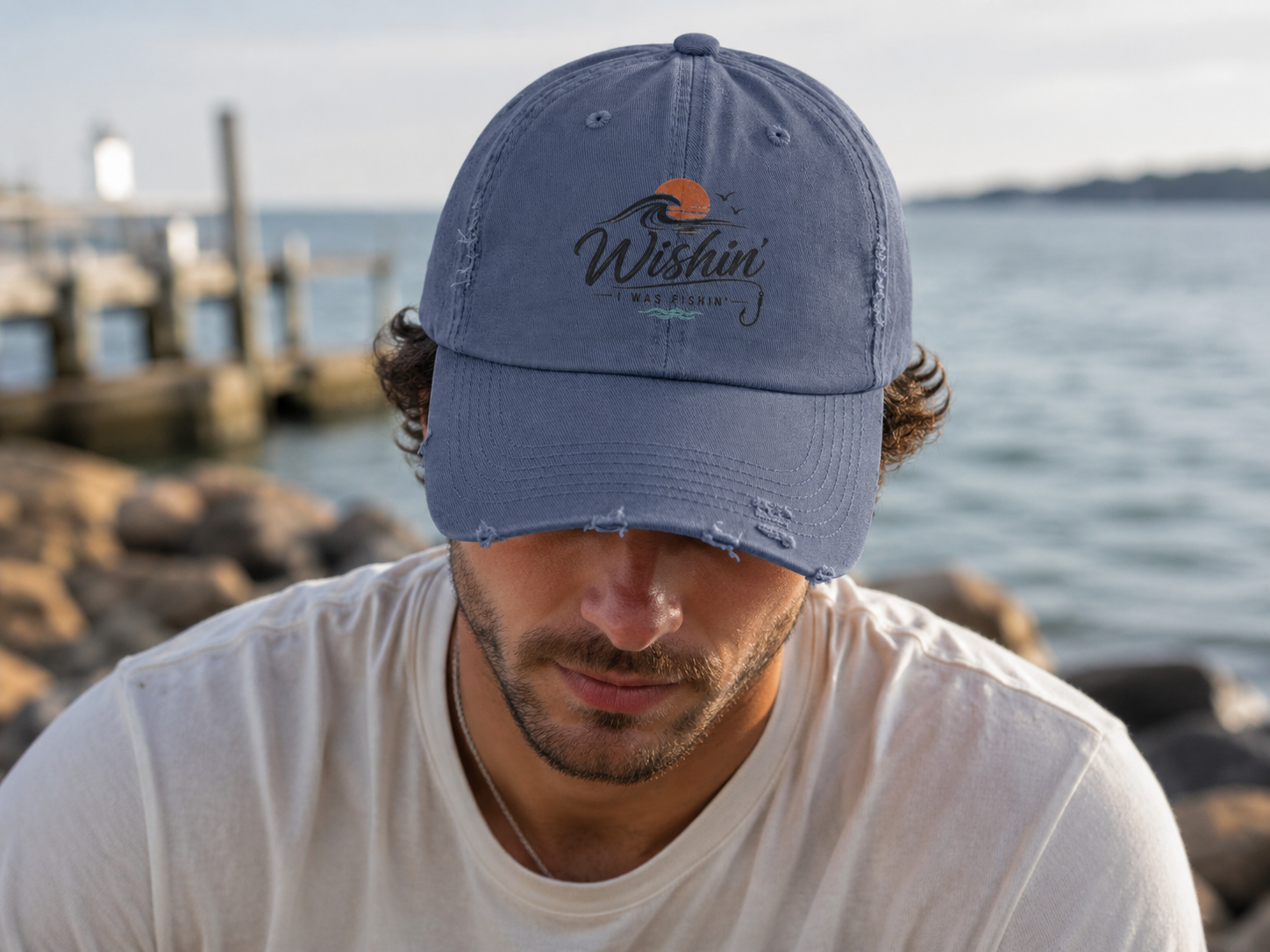 Distressed Baseball Cap - "Wishin' I Was Fishin'" Vintage Fishing Hat