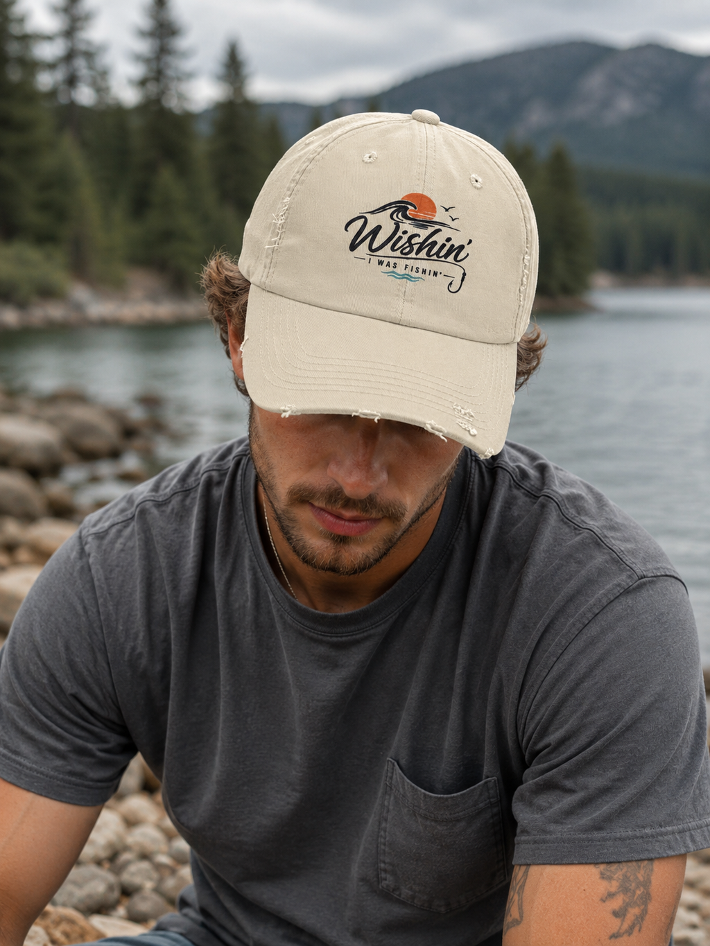 Distressed Baseball Cap - "Wishin' I Was Fishin'" Vintage Fishing Hat
